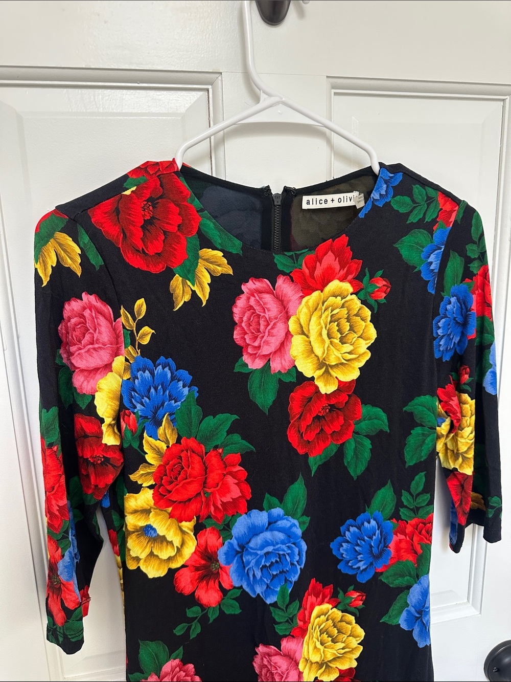 Alice + Olivia Black Midi Dress with Multicolor Rose Print - Picture 3 of 4